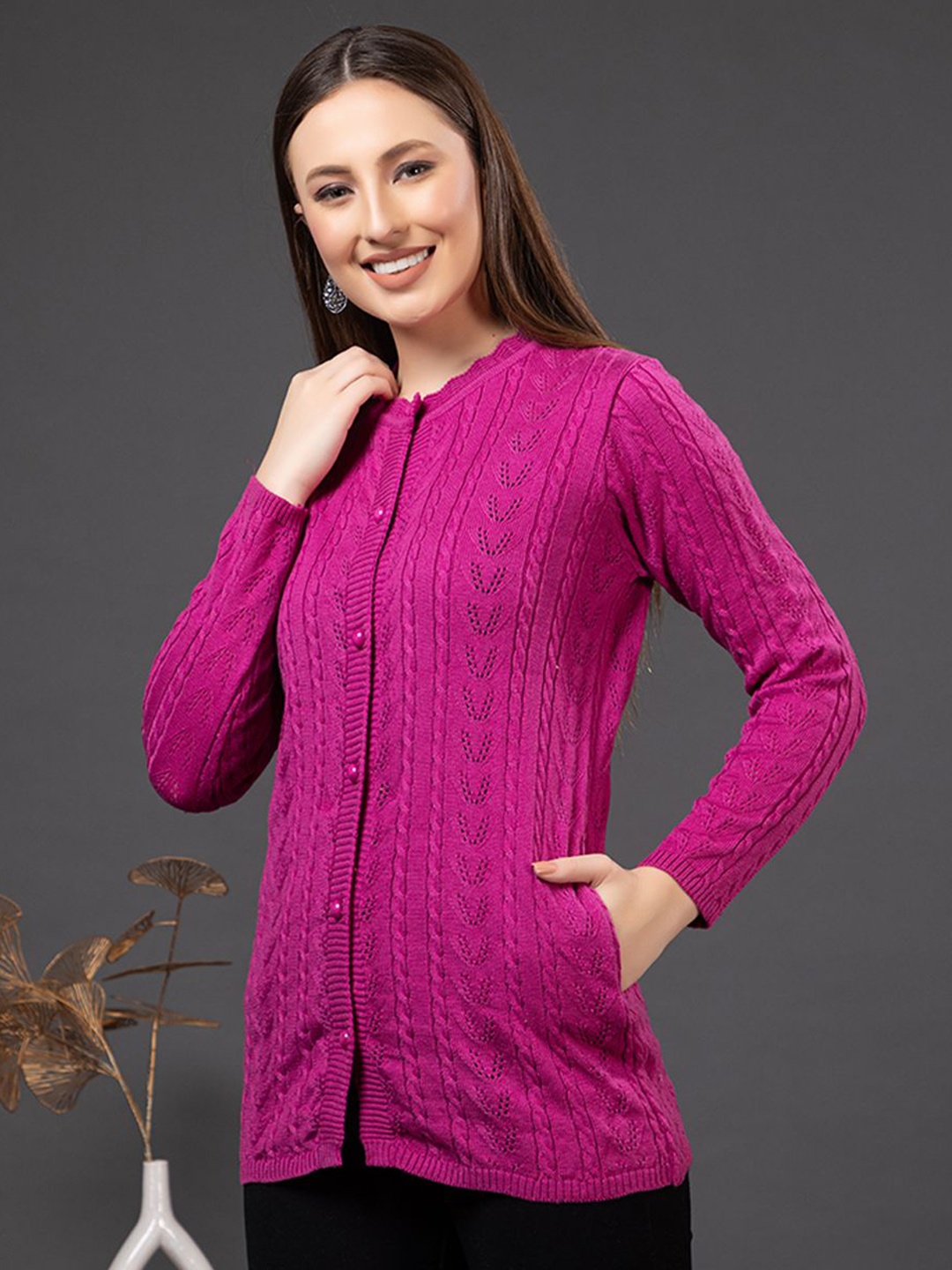 

Anouk Womens solid Printed Knitted Cardigan, Pink