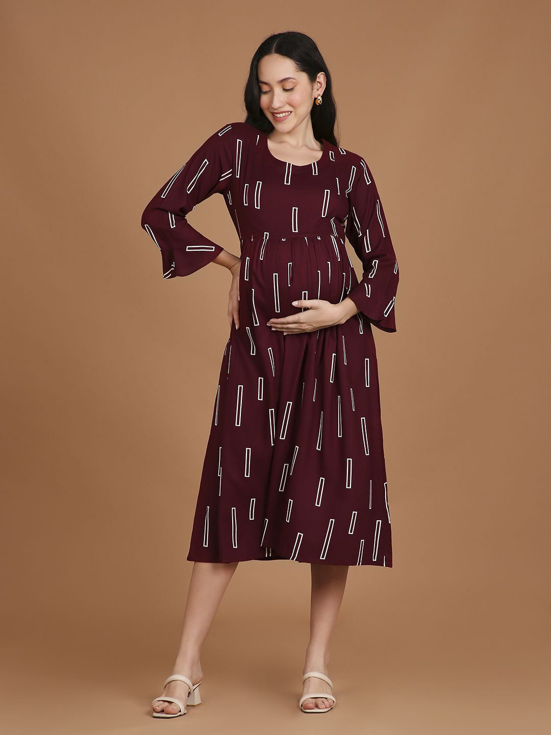 

NIGHTSPREE Women Geometric Printed Bell Sleeve Maternity Fit & Flare Dress, Maroon