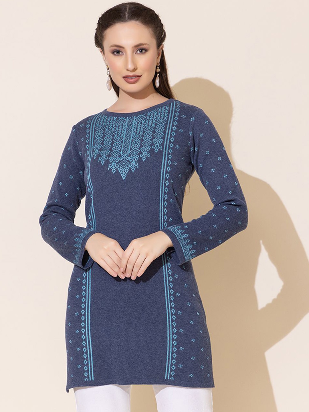 

Anouk Blue Ethnic Motifs Woven Design Thread Work Jacquard Straight Kurta