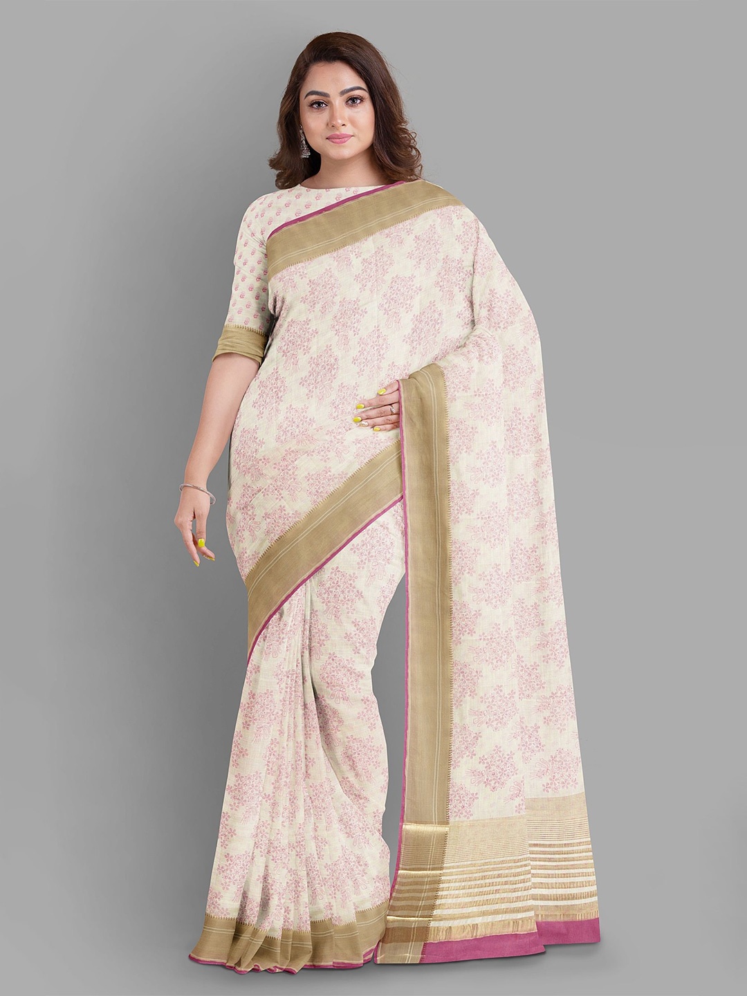 

The Chennai Silks Women Floral Print Zari Khadi Saree, Off white