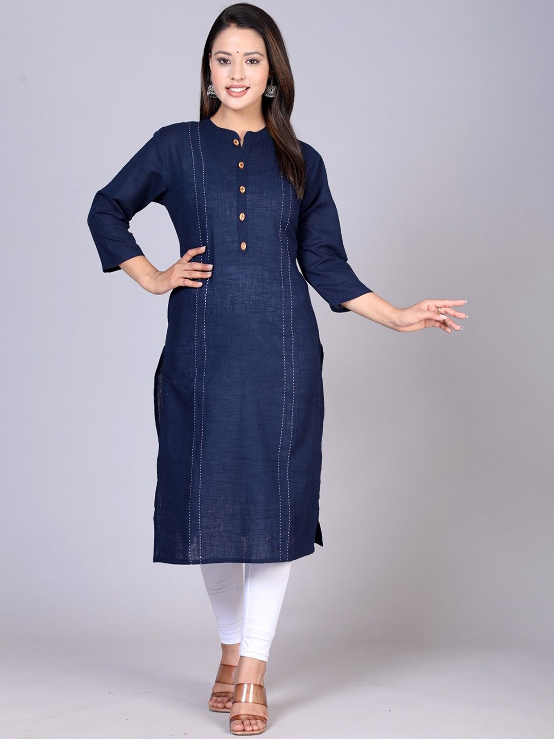 

ANTU KURTIES Woven Design Mandarin Collar Pure Cotton Straight Kurta, Navy blue