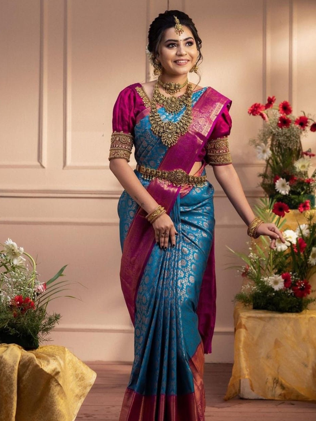 

KALINI Floral Zari Pure Silk Kanjeevaram Saree, Turquoise blue