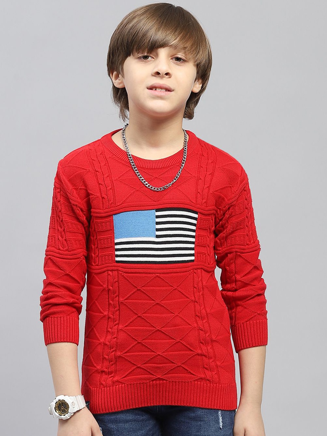 

Monte Carlo Boys Self Design Cable Knit Cotton Pullover Sweater, Red