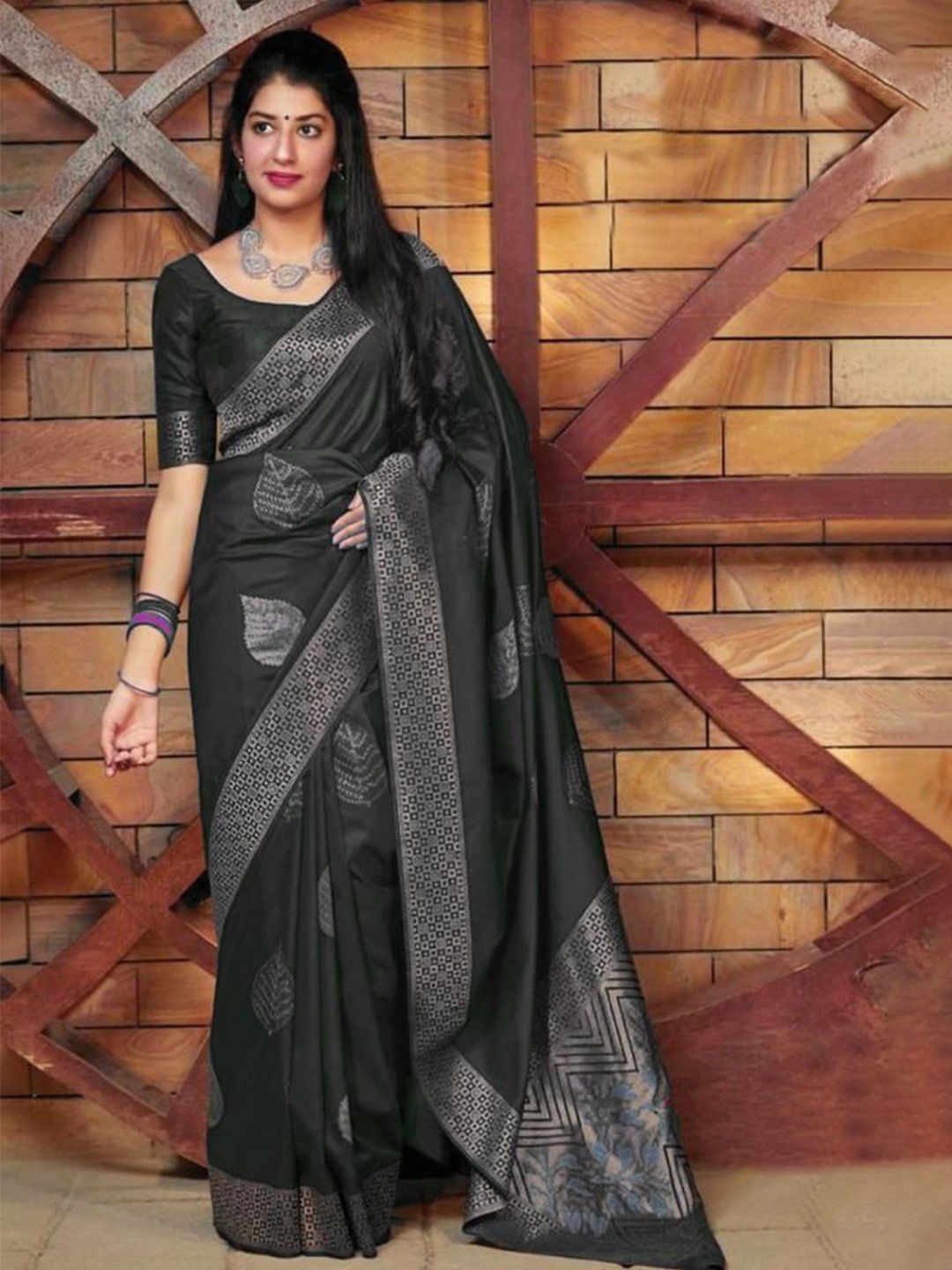 

KALINI Woven Design Zari Pure Silk Kanjeevaram Saree, Black