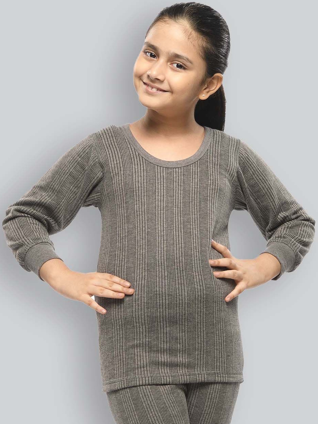 

INFERNO Girls Striped Cotton Thermal Tops, Charcoal