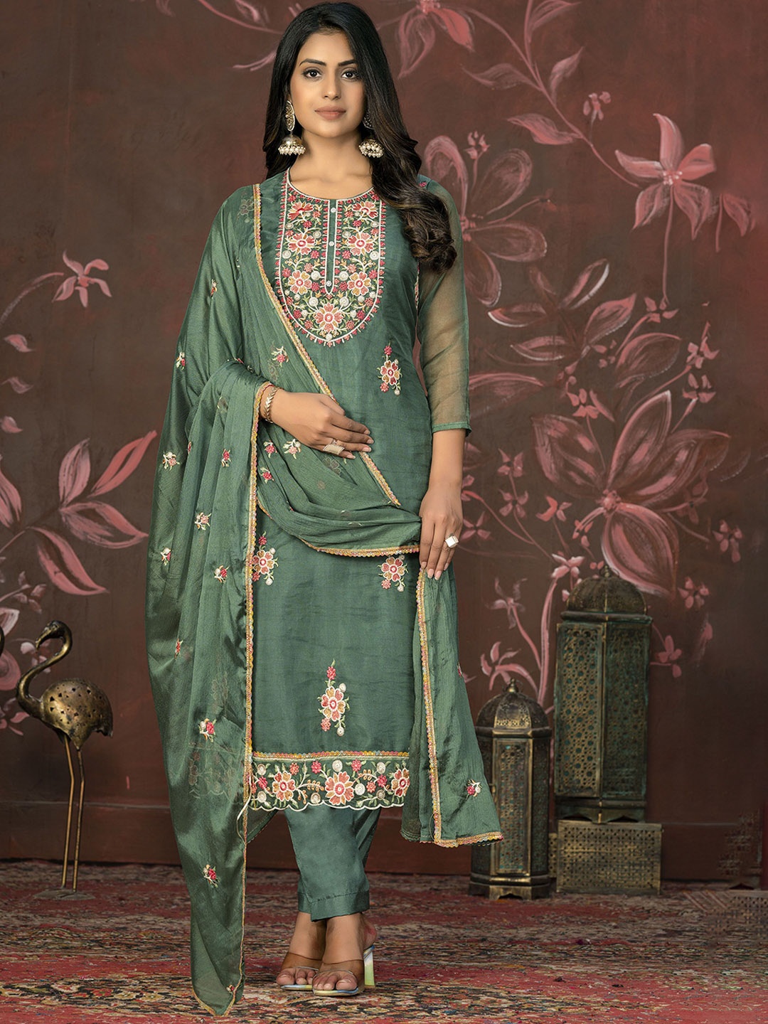 

Maroosh Floral Embroidered Thread Work Organza Unstitched Dress Material, Green
