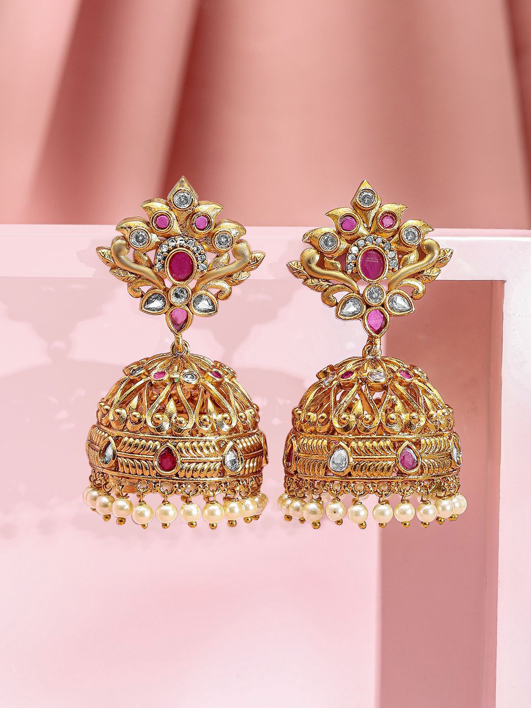 

Rubans 22K Gold-Plated Ruby Pink & Kundan Traditional Jhumka Earrings with Pearl Drops