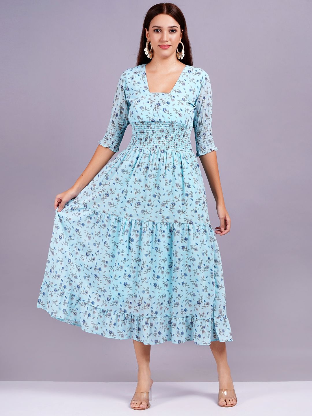 

JC4U Women Floral Printed Cotton Fit & Flare Midi Dress, Blue