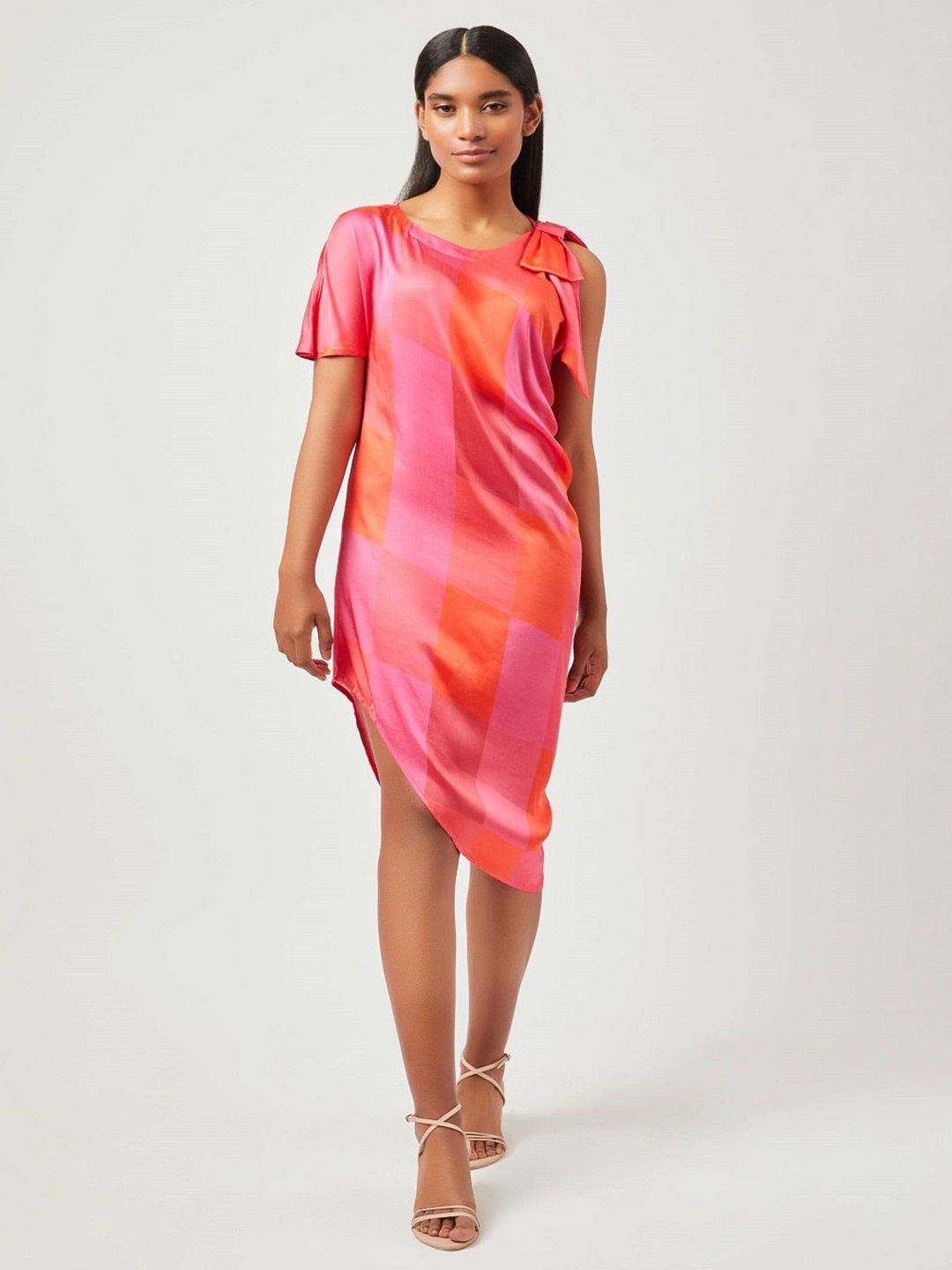 

Contemponari Women Printed Satin Sheath Mini Party Dress, Pink
