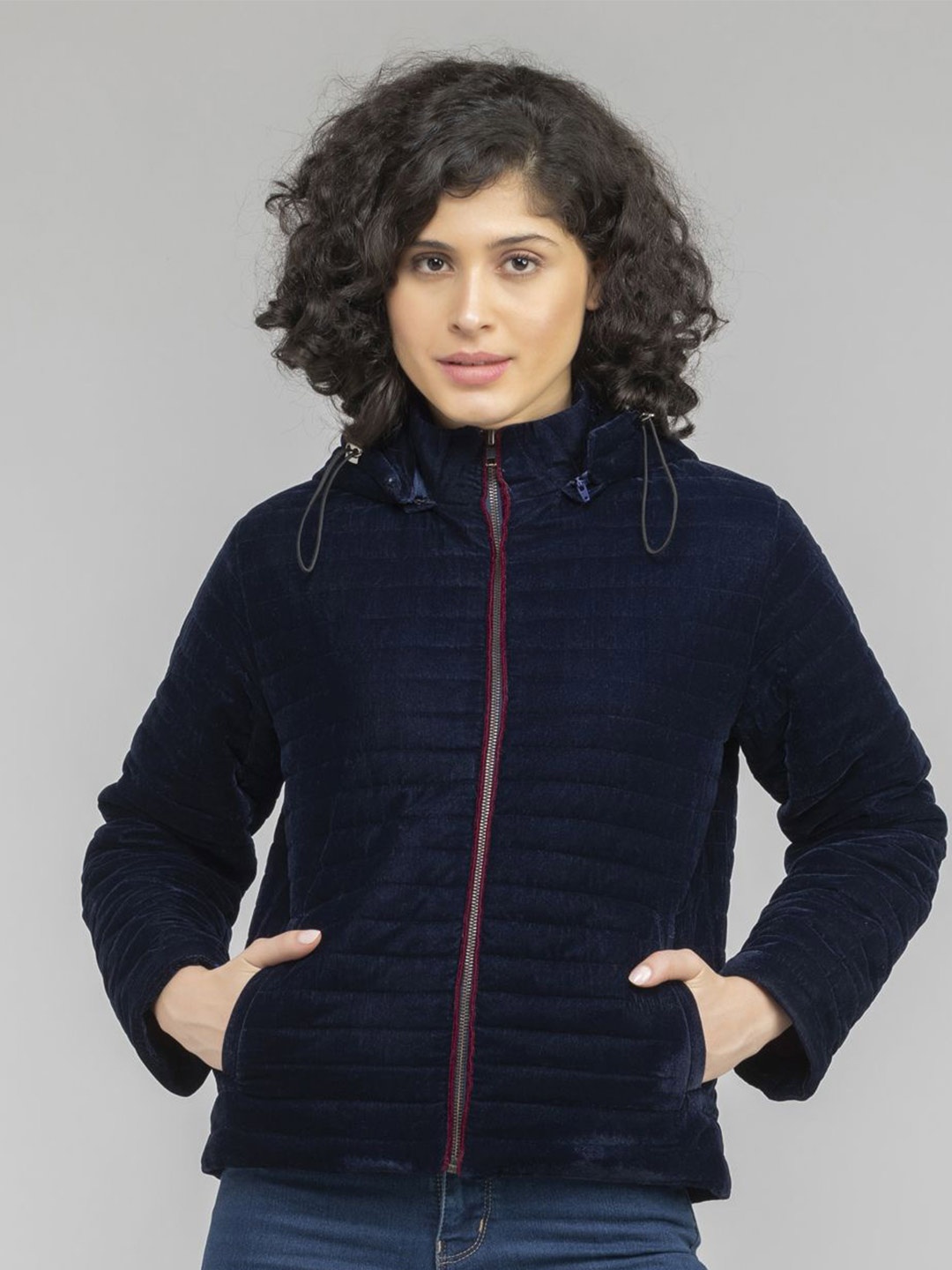 

SHAYE Women Hooded Solid Velvet Casual Puffer Jacket, Navy blue