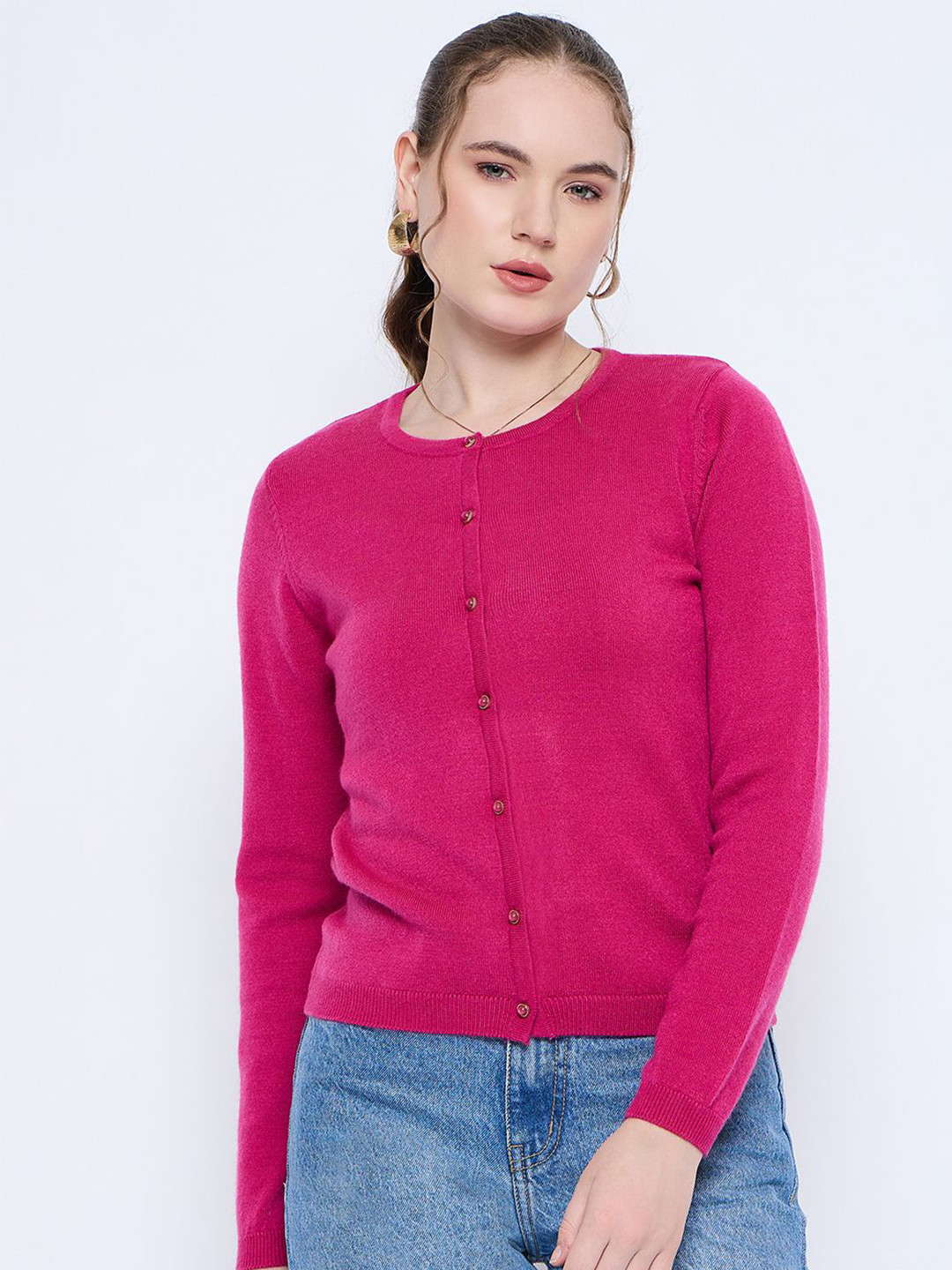 

Madame Women Round Neck Cardigan, Pink