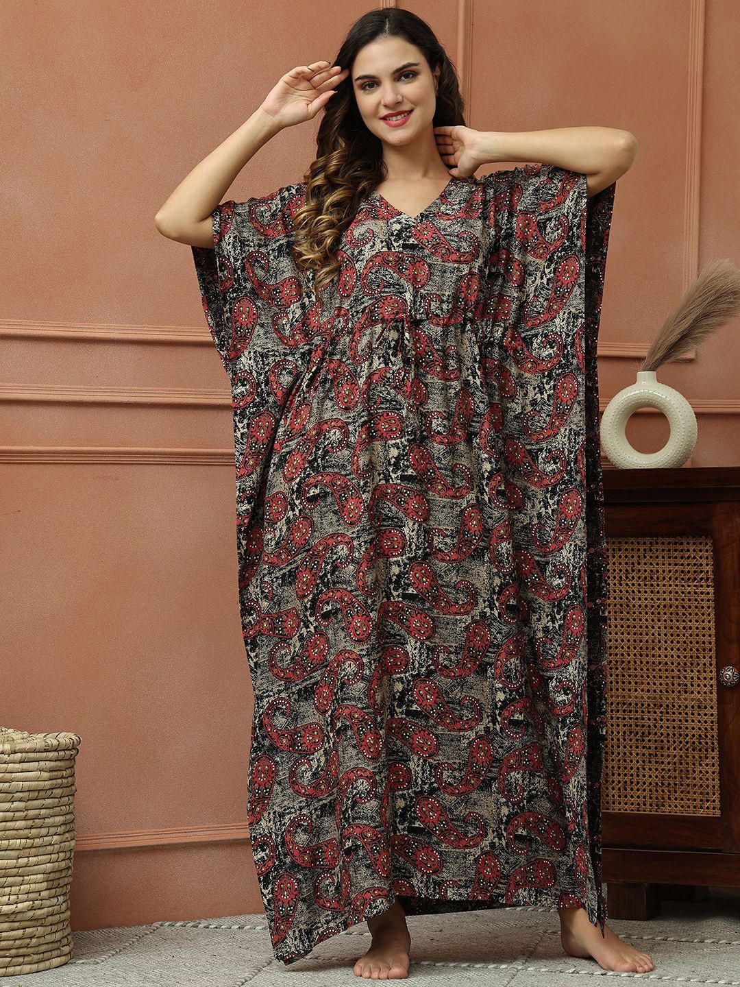 

Claura Women Ethnic Motifs Printed Maxi Kaftan Nightdress, Black