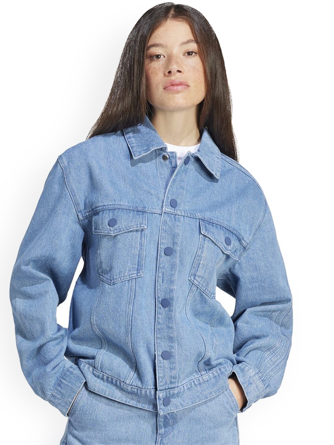 

ADIDAS Originals Women Washed Cotton Longline Denim Jacket with Embroidered, Blue