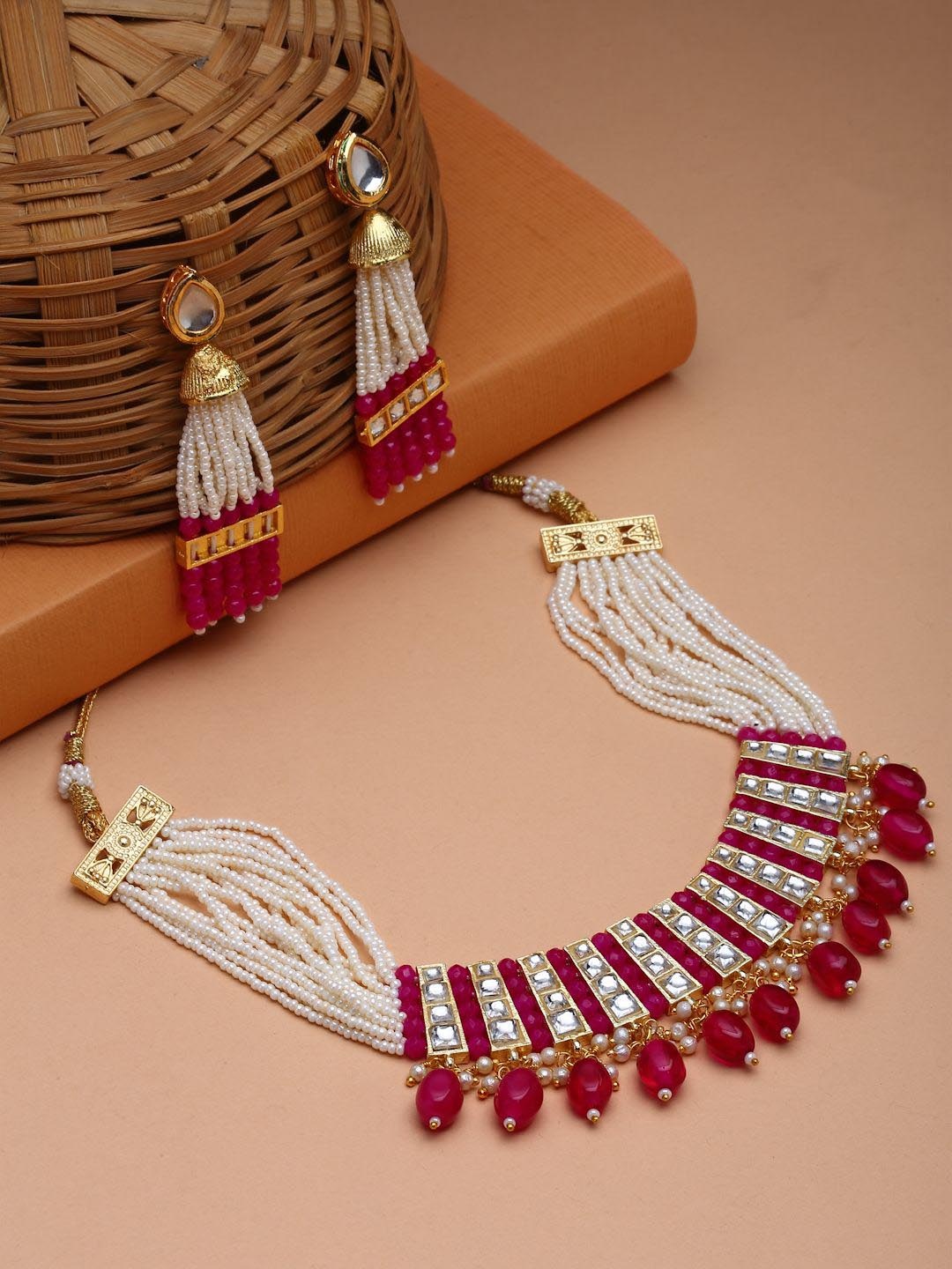 

Anouk Red Gold-Plated Kundan Stones-Studded & Beaded Layered Jewellery Set