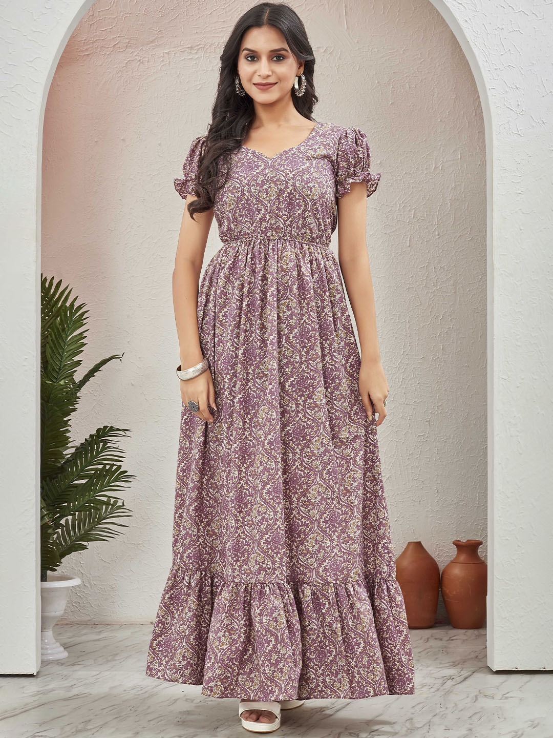 

CHANSI Women Floral Printed Cotton Fit & Flare Maxi Dress, Mauve