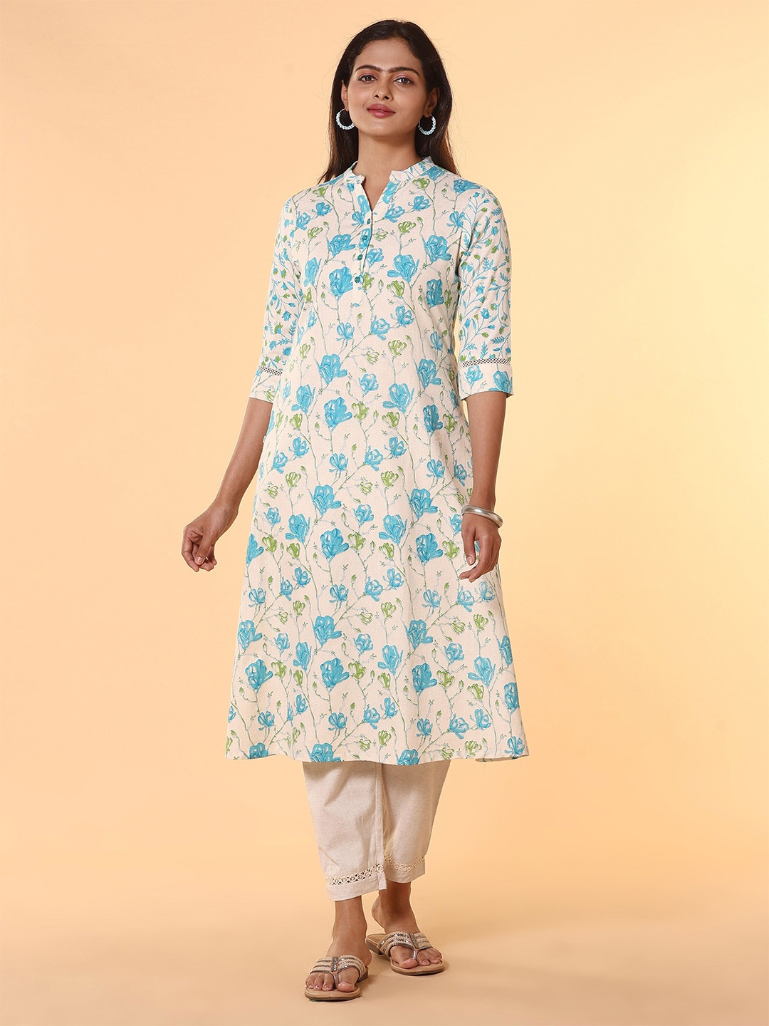 

Vismay Floral Printed Mandarin Collar Three-Quarter Sleeves Pure Cotton A-line Kurta, White