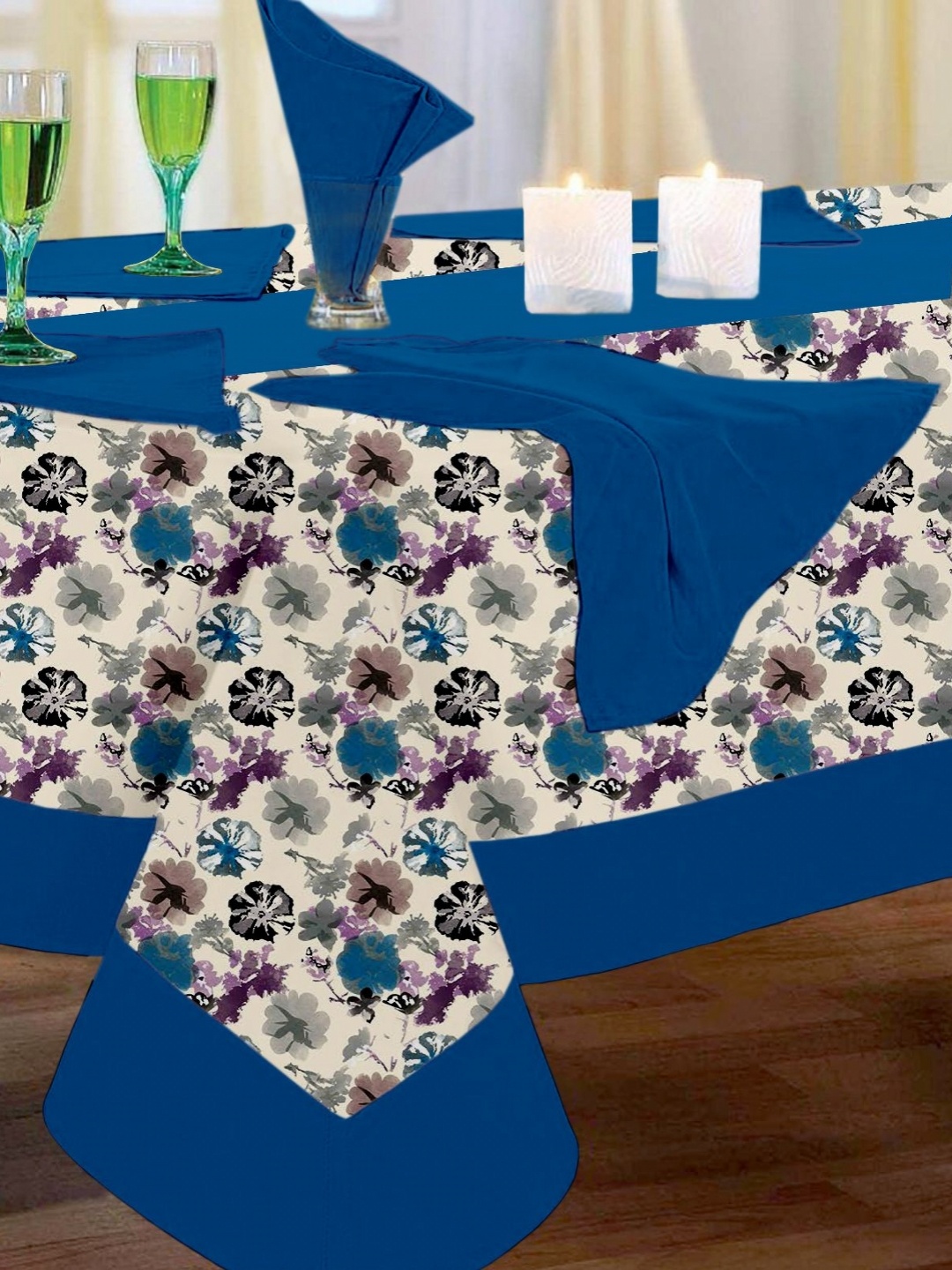 

Lushomes Blue & White 8 Pieces Floral Printed Pure Cotton 6 Seater Table Cover