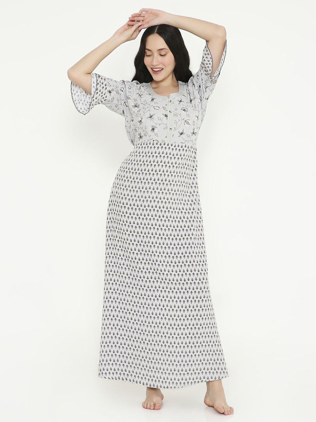 

NIGHTSPREE Women Ethnic Motifs Printed Maxi Nightdress, Grey