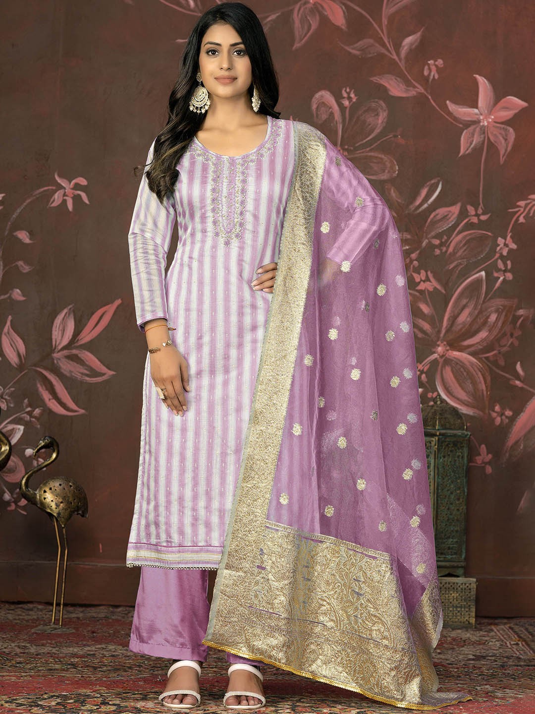 

Maroosh Ethnic Motifs Embellished Beads and Stones Banarasi Unstitched Dress Material, Purple