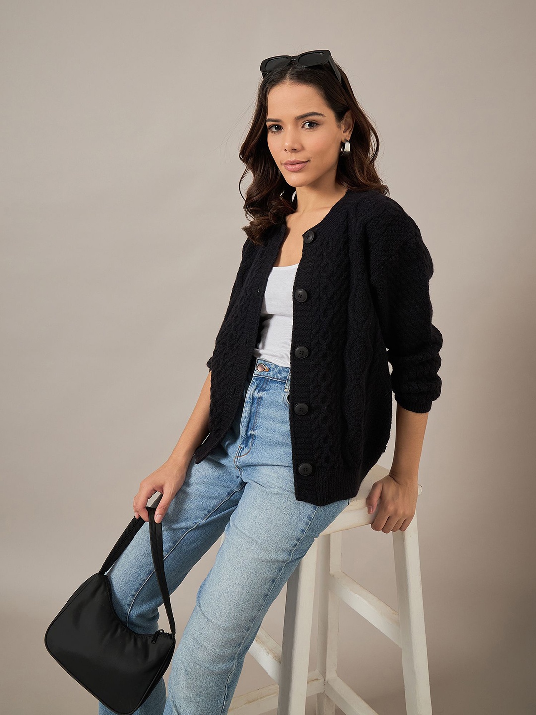 

The Roadster Lifestyle Co Women Long Sleeves Self-Designed Cardigan, Black