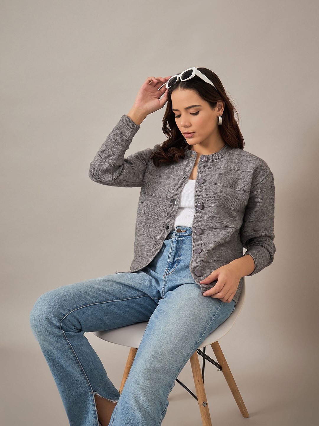 

The Roadster Lifestyle Co Women Round Neck Woollen Cardigan, Grey