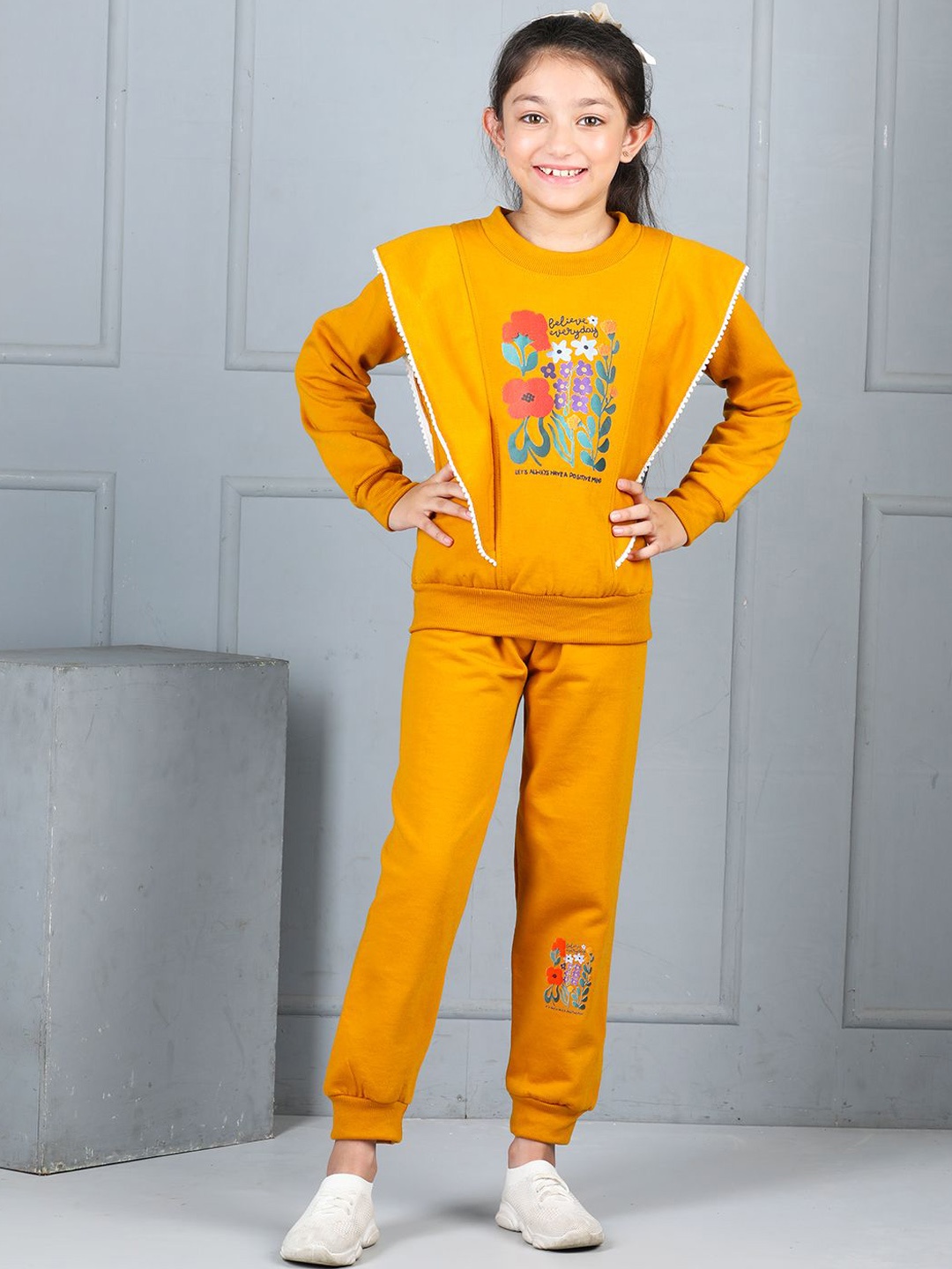 

Cutiekins Girls Pure Cotton Printed Sweatshirt & Joggers Clothing Set, Mustard