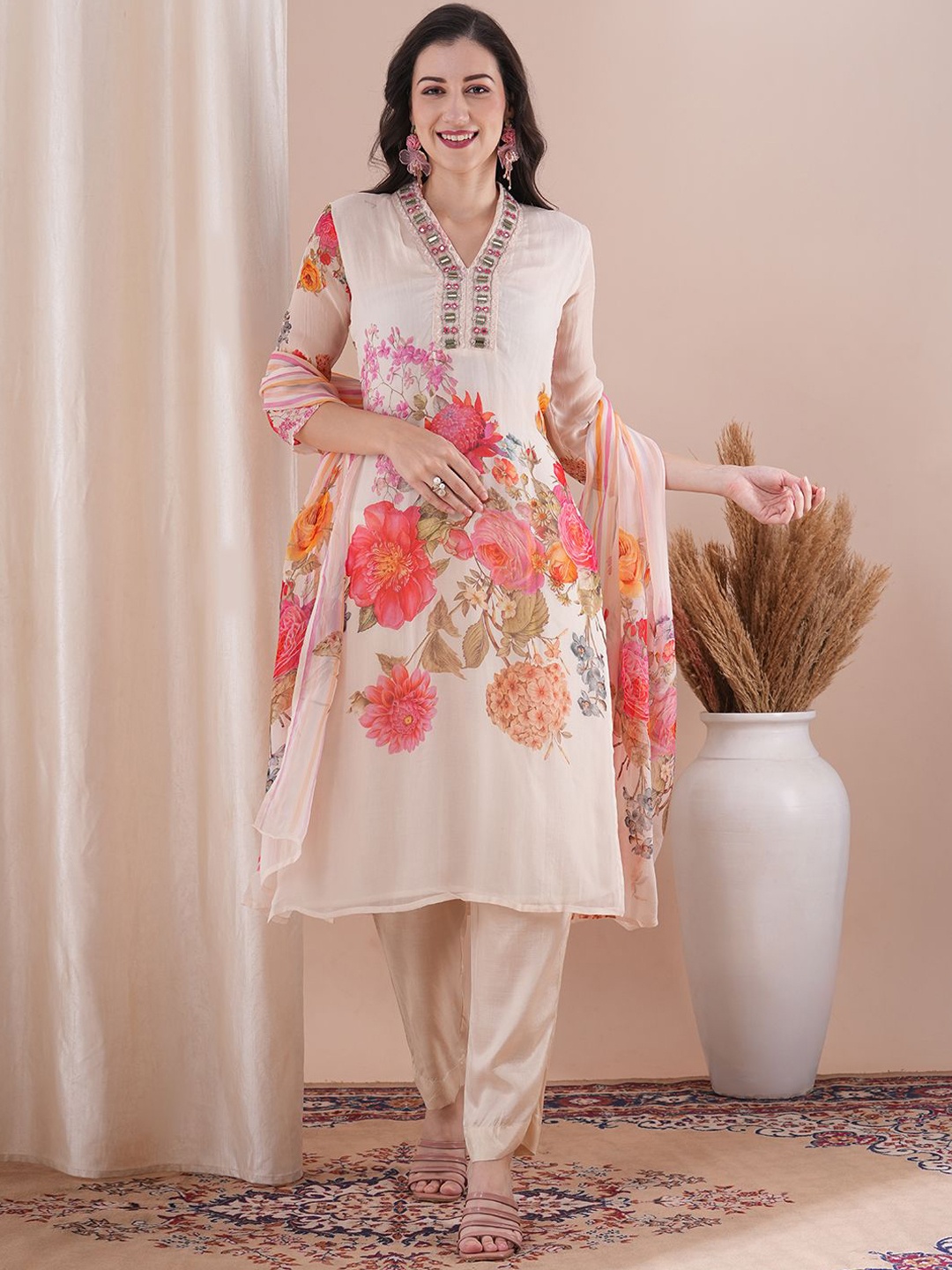 

FASHOR V-Neck Floral Printed Straight Kurta with Trouser & Dupatta, Off white