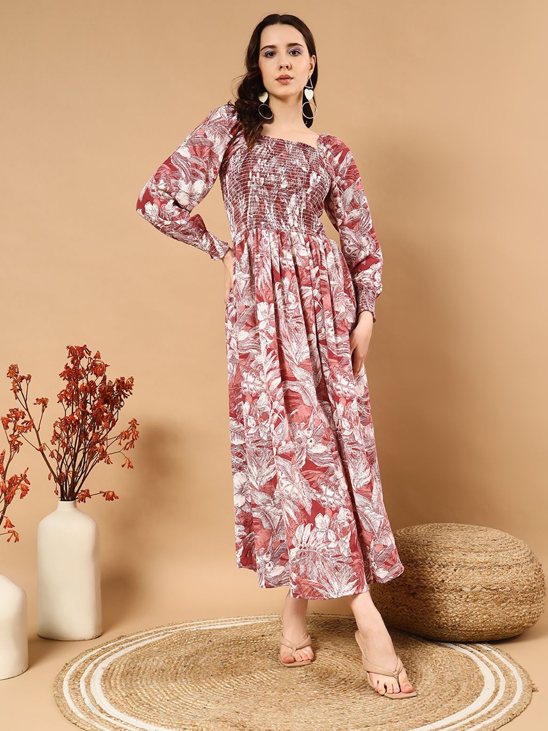 

DEKLOOK Floral Printed Square Neck Fit & Flare Dress, Pink