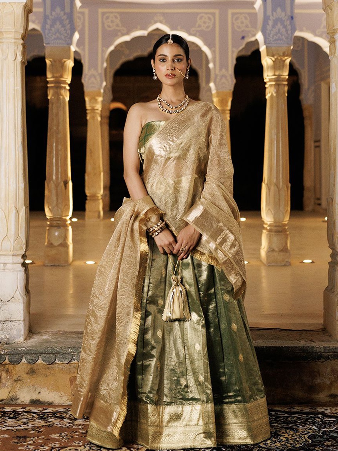 

Geroo Jaipur Zari Work Ready to Wear Tissue Lehenga & Unstitched Blouse With Dupatta, Green