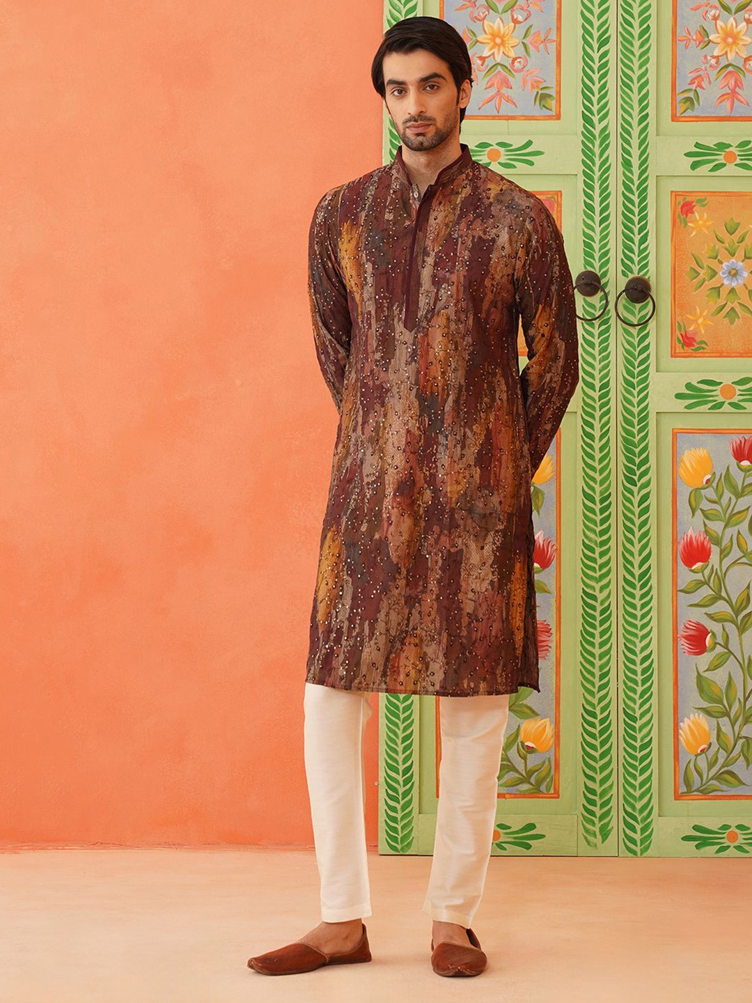 

TheEthnic.Co Floral Printed Sequinned Raw Silk Kurta with Trouser, Brown