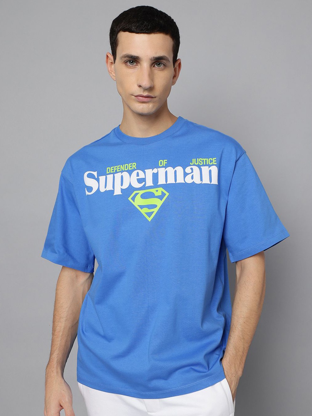 

Free Authority Men Graphic Printed Round Neck Cotton Oversized Superman T-shirt, Blue