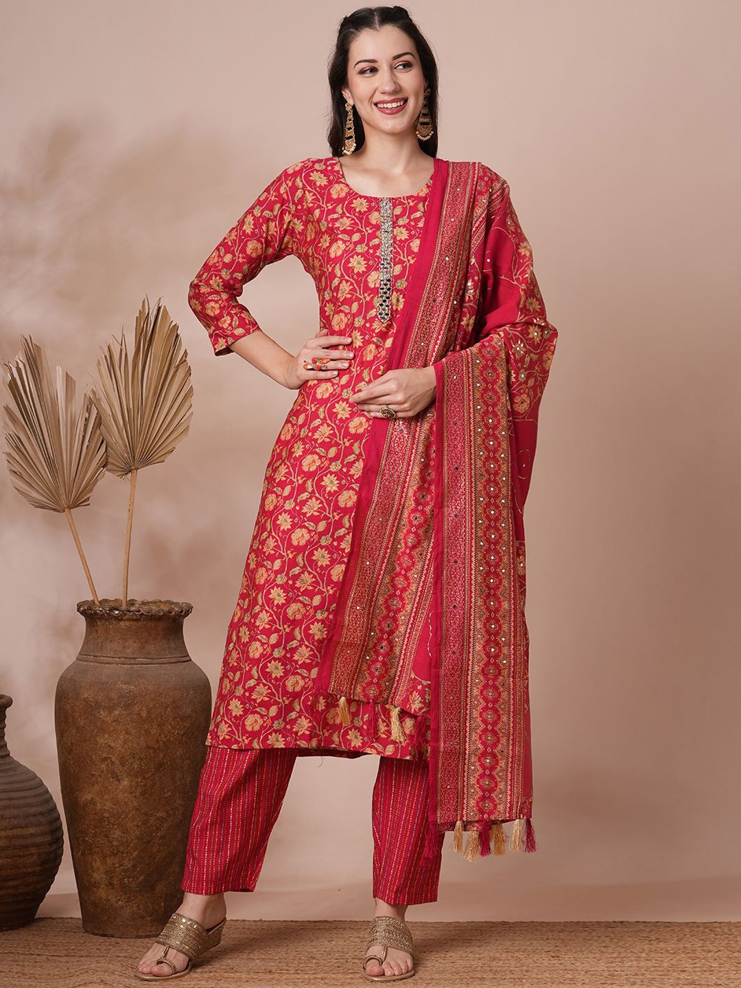 

FASHOR Floral Printed Sequinned Straight Kurta With Trousers & Dupatta, Red