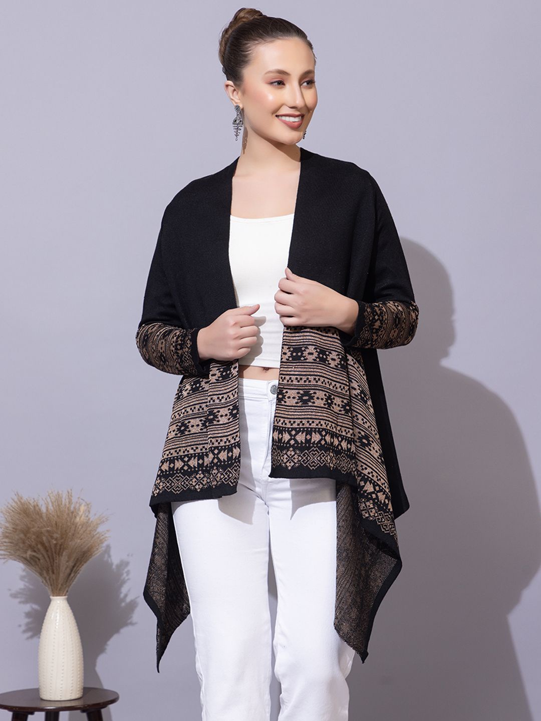 

Anouk Printed Open Front Shrug, Black