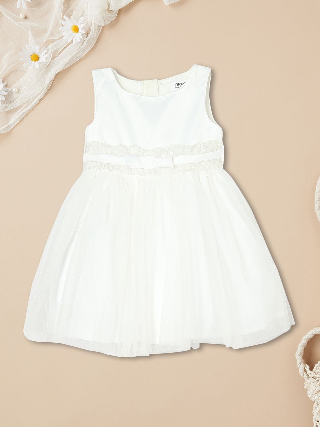 

max Girls Round Neck Fit & Flare Dress, Beige