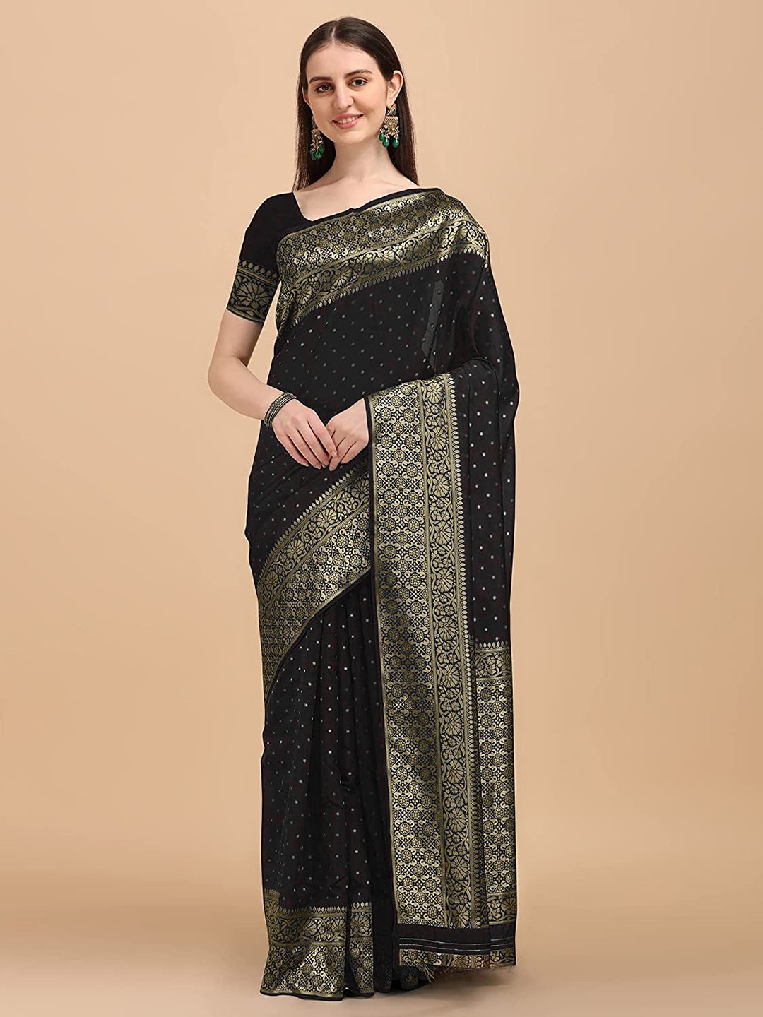 

MANMOHITSAREE Ethnic Motifs Woven Design Zari Banarasi Saree, Black