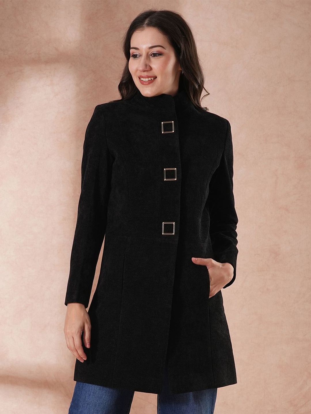 

Globus Women Mandarin Collar Overcoat, Black