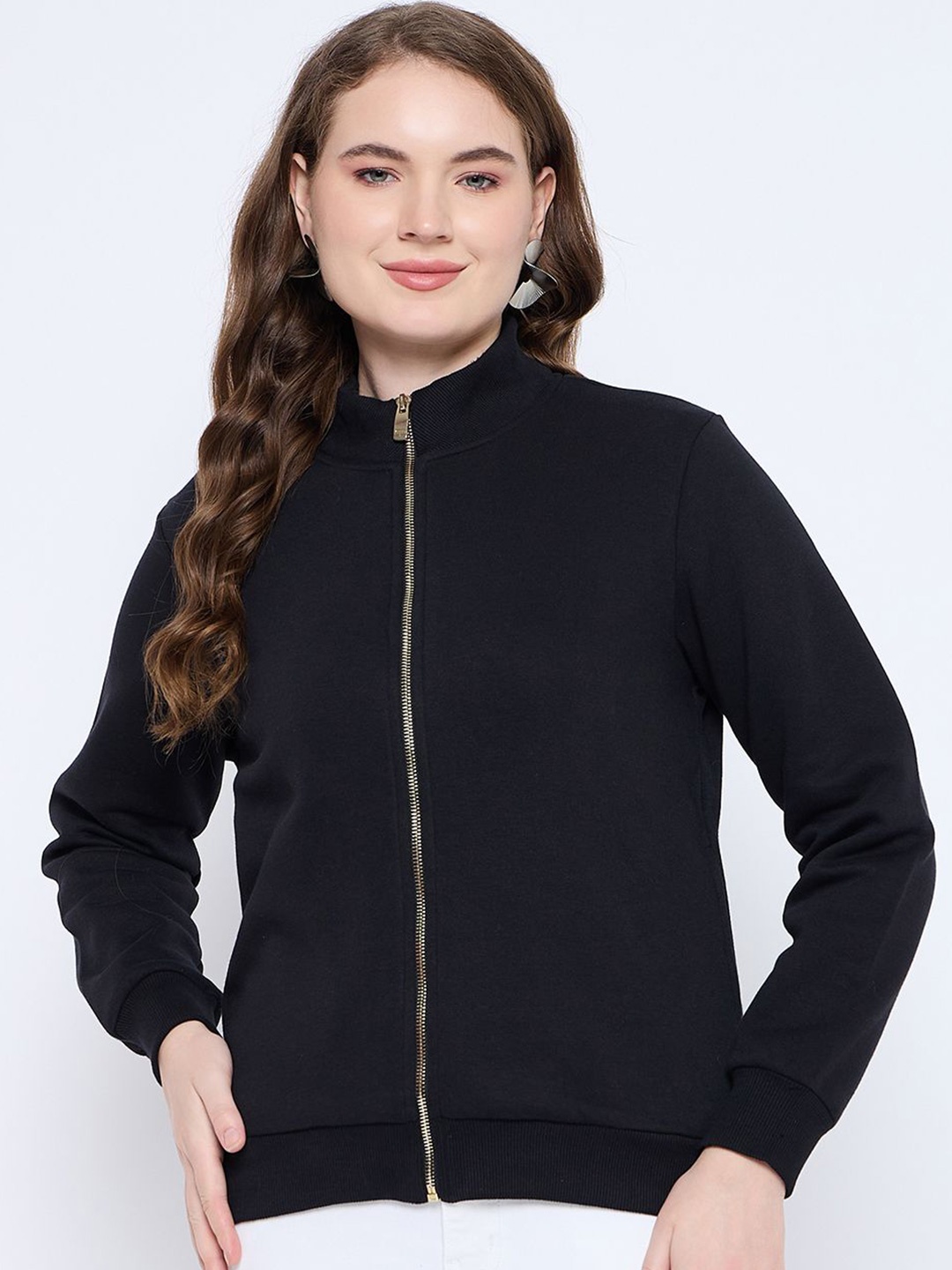 

Madame Women Mock Collar Cotton Sweatshirt, Black