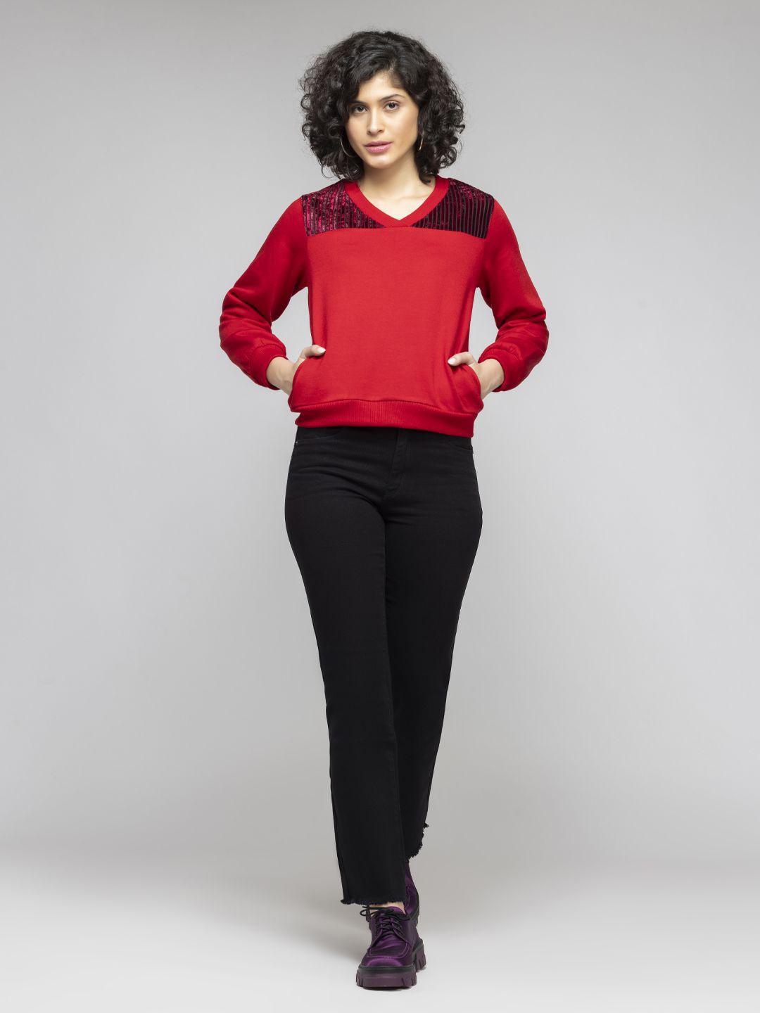 

SHAYE Women V-Neck Pullover Sweatshirt, Red