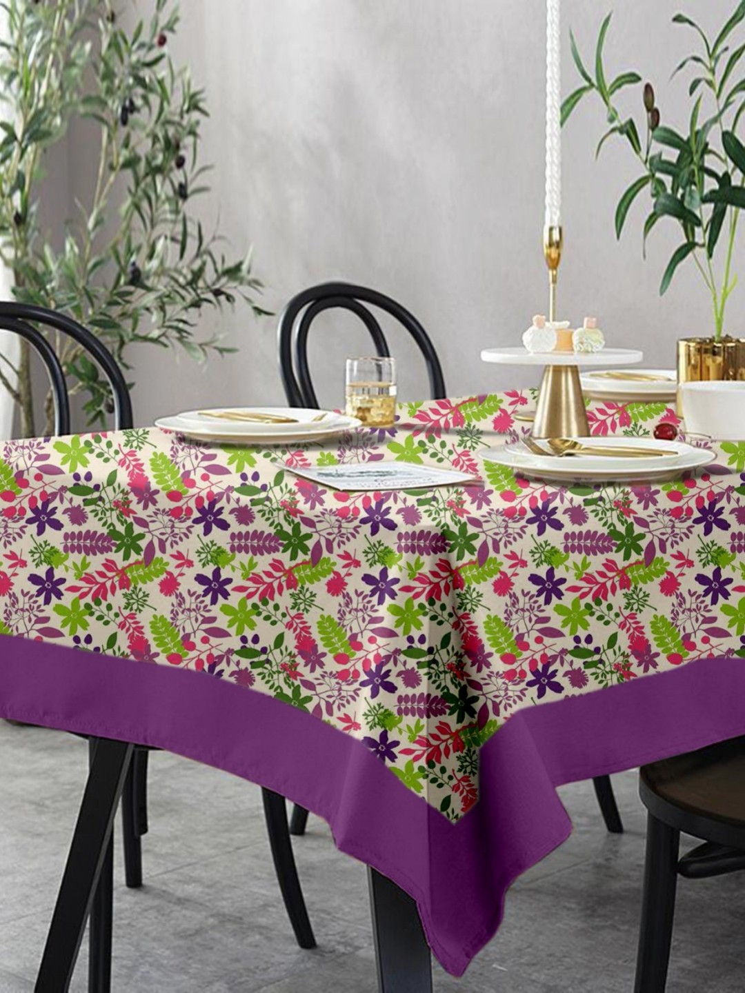 

Lushomes Purple & Green Floral Printed Pure Cotton 6-Seater Table Cover