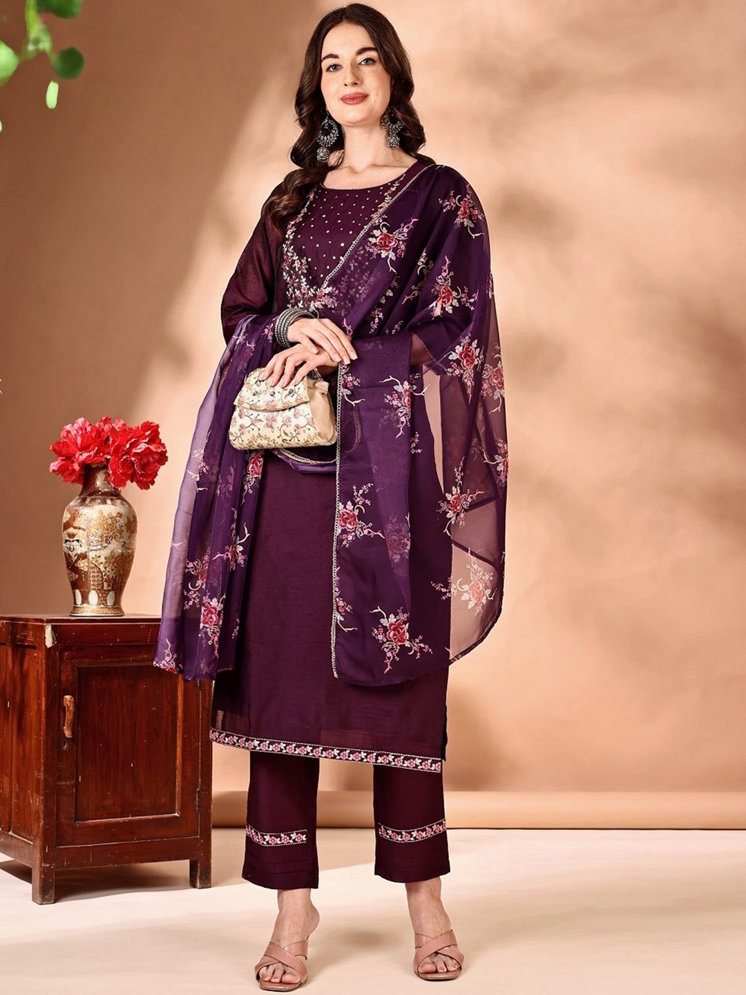 

JIVORA Floral Embroidered Sequined Straight Kurta With Trousers & Dupatta, Maroon