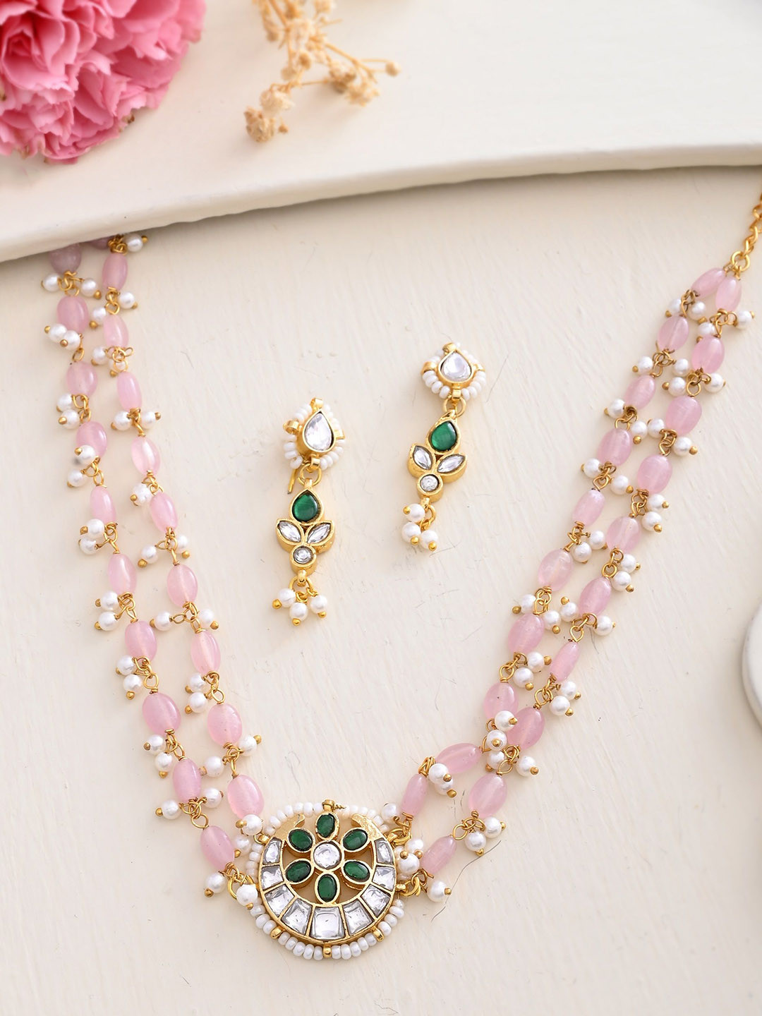 

DASTOOR Gold-Plated Stone-Studded & Beaded Necklace & Earrings