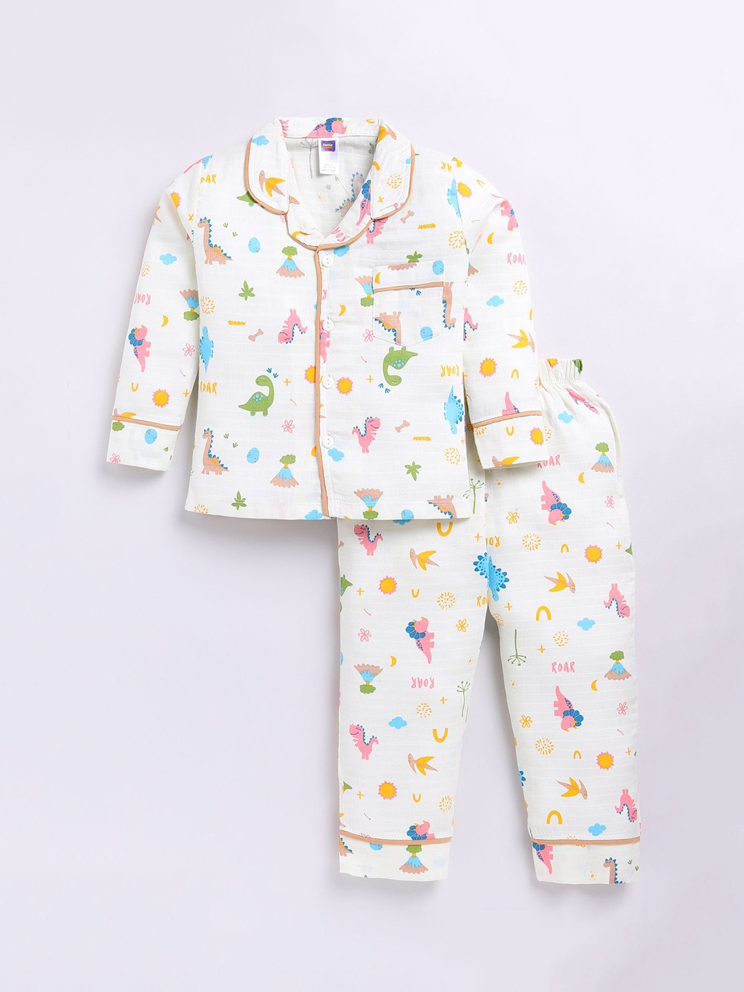 

Nottie Planet Girls Printed Full-Sleeve Lapel Collar Night suit, White
