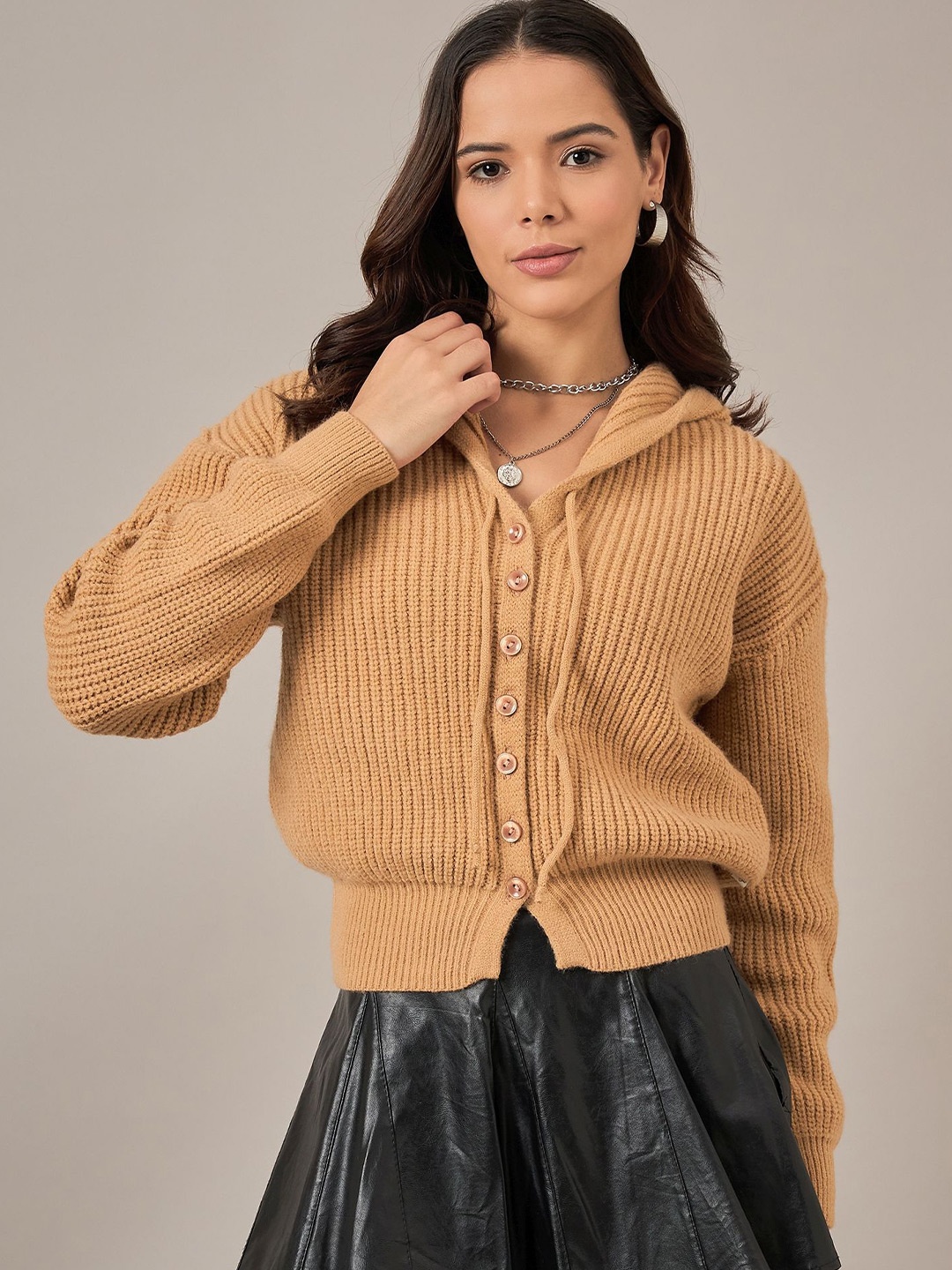 

Roadster Women Ribbed Regular Winter Cardigan, Camel brown