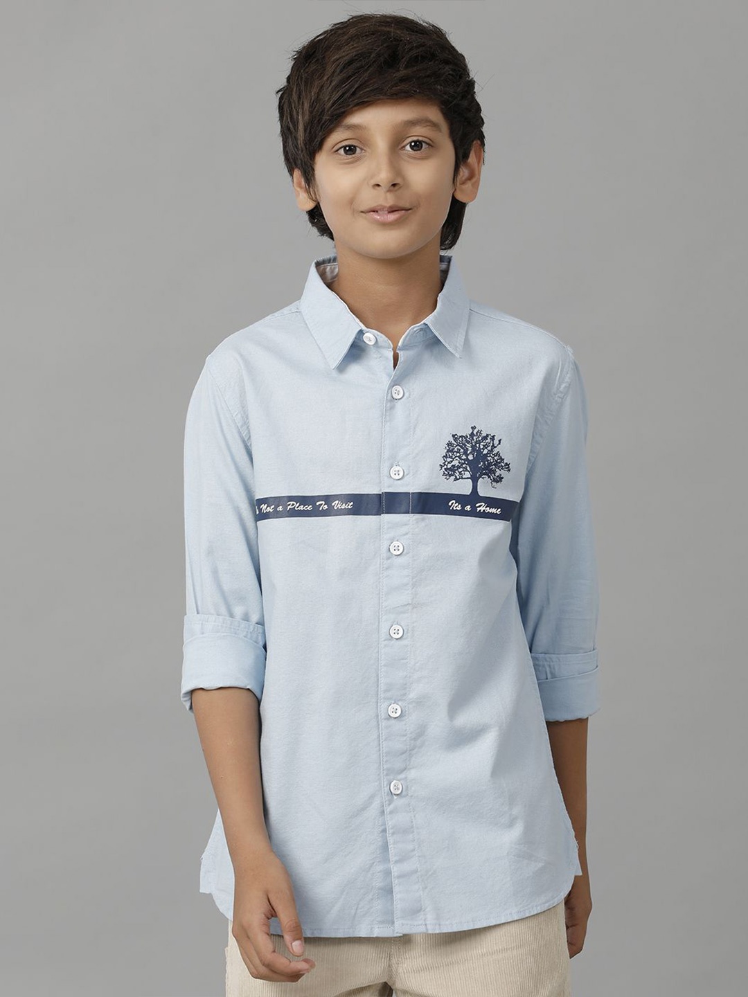 

UNDER FOURTEEN ONLY Boys Spread Collar Graphic Printed Cotton Casual Shirt, Blue