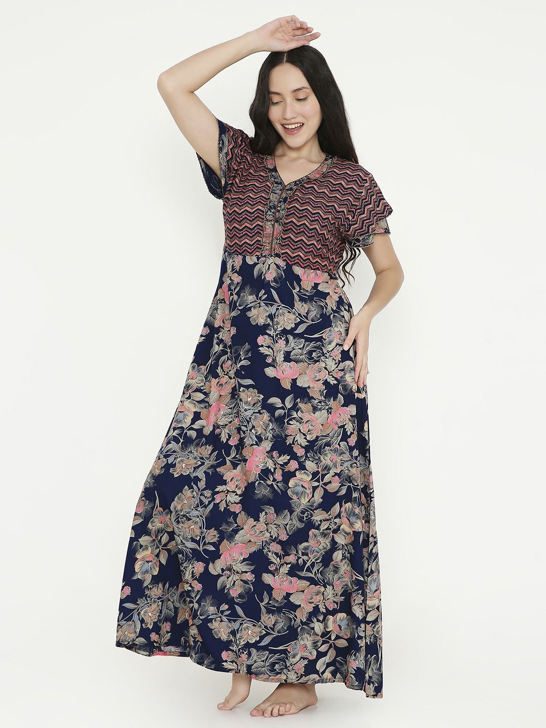 

NIGHTSPREE Women Printed Maxi Nightdress, Navy blue