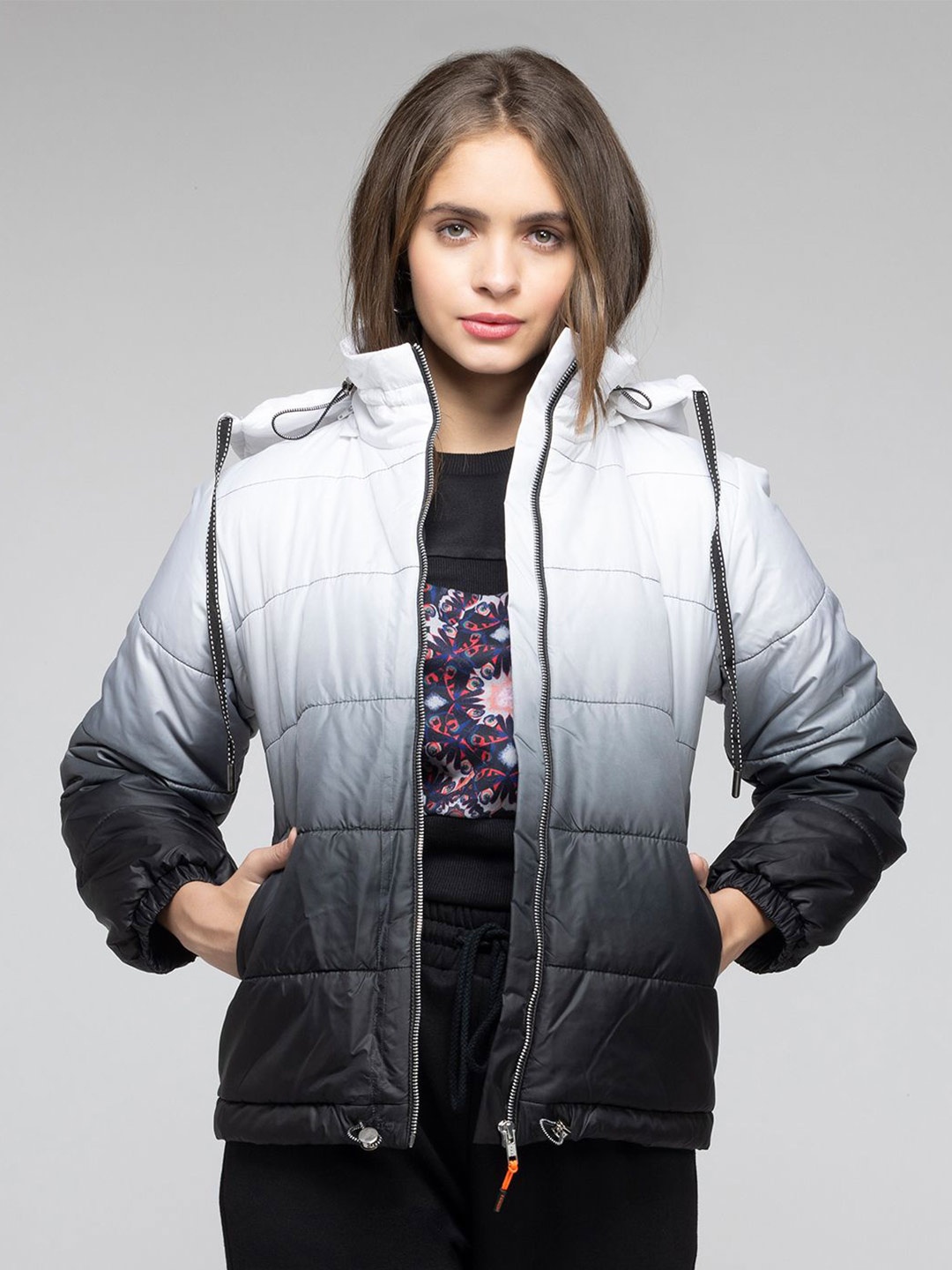 

SHAYE Women Hooded Ombre Self Design Casual Puffer Jacket, White