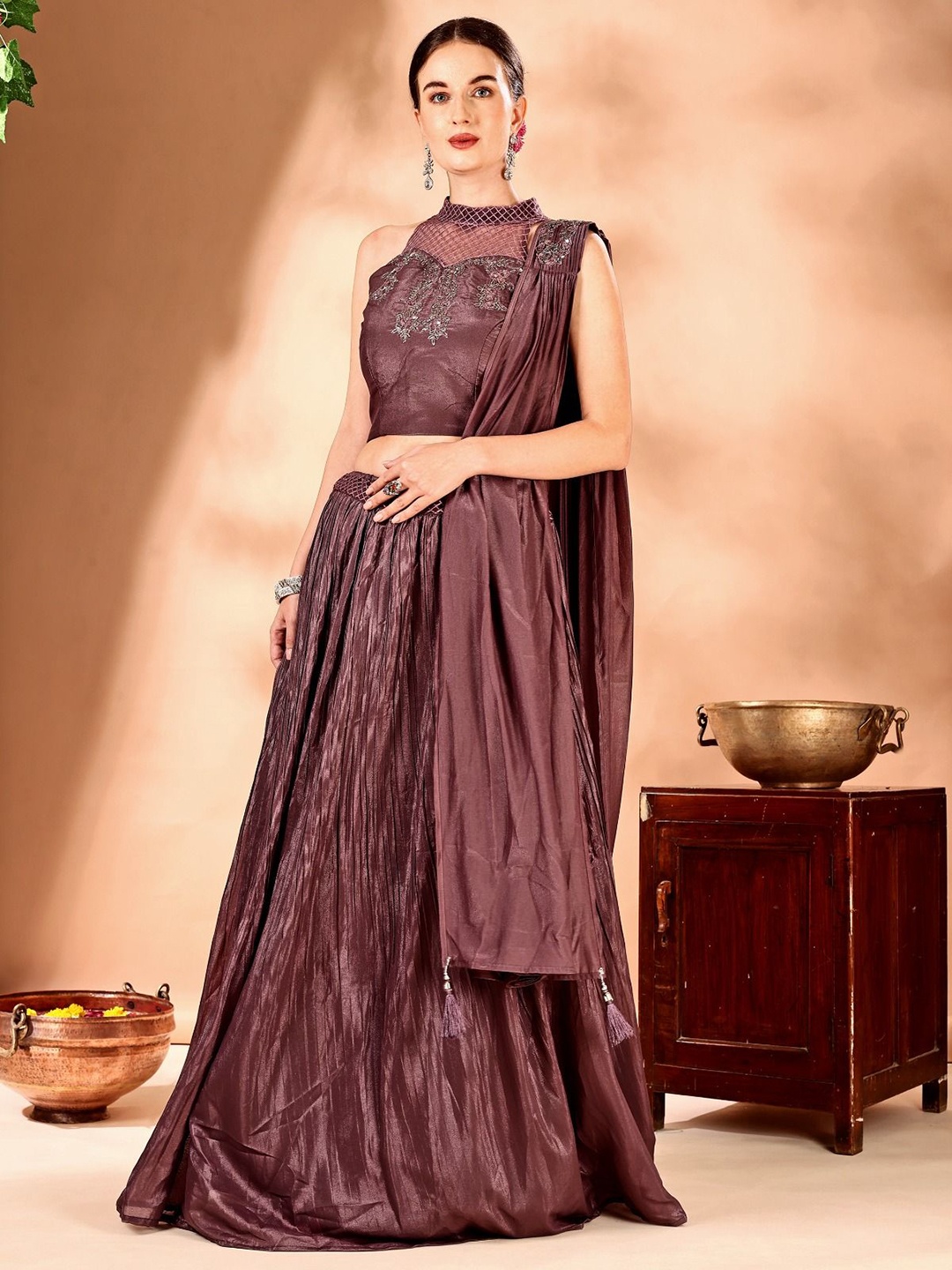 

JIVORA Embroidered Thread Work Ready to Wear Lehenga & Blouse With Dupatta, Brown