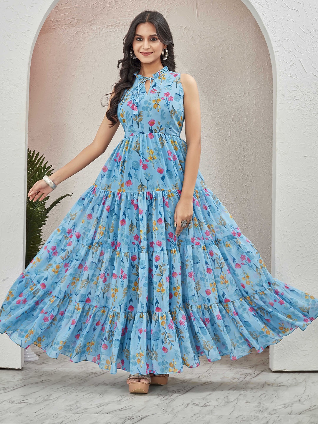 

CHANSI Floral Printed Tie-Up Neck Georgette Maxi Dress, Blue