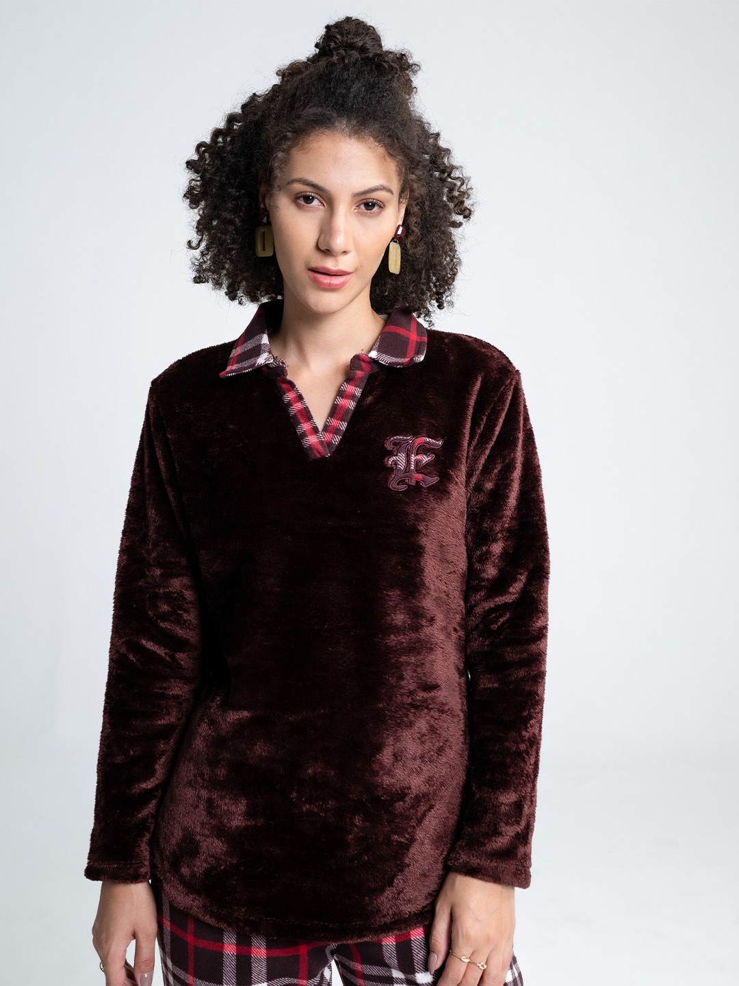 

EDRIO Women Shirt Collar Sweatshirt, Maroon