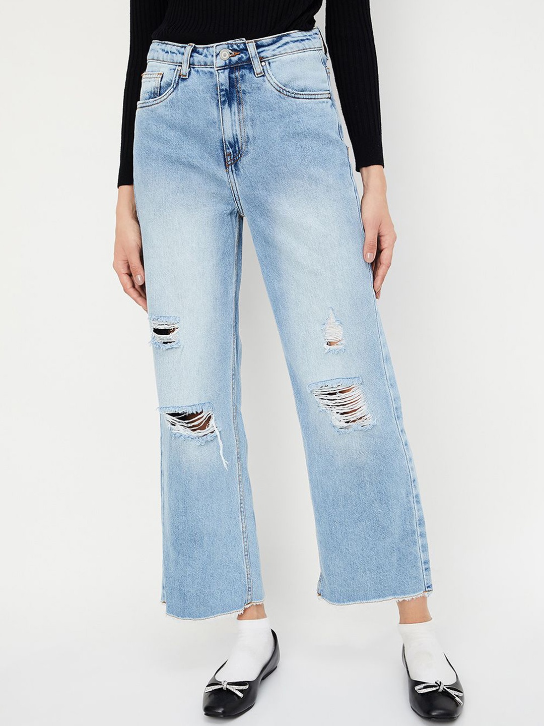 

max Women Cotton Highly Distressed Heavy Fade Jeans, Blue
